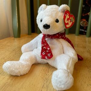Ty White Beanie Baby with Red Scarf— 2000 Holiday Teddy